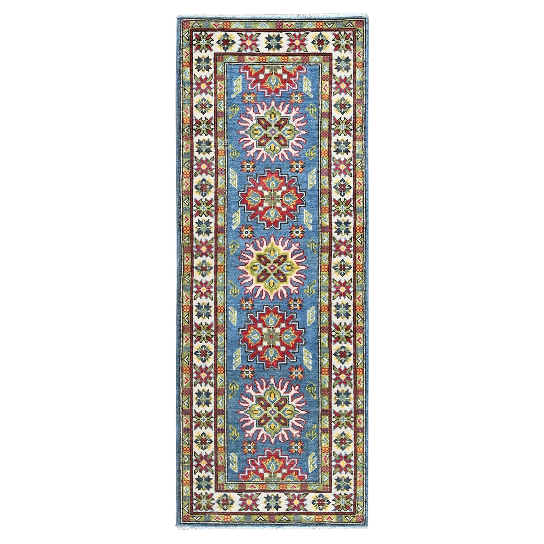 2'3"x6' Blue Kazak with Tribal Medallions Design Hand Knotted Wool Runner Rug