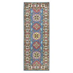 2'3 "x6' Tapis de course en laine nouée à la main Kazak bleu avec motifs de médaillons tribaux