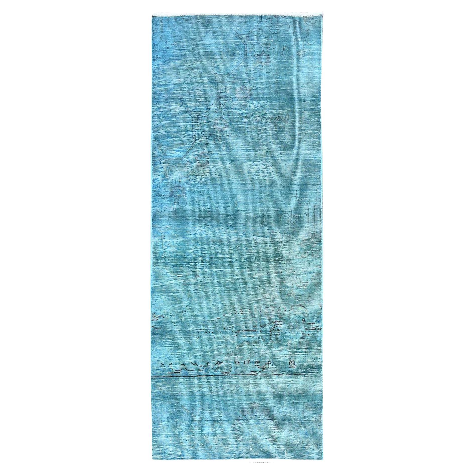 Tappeto Runner in lana persiana vintage Tabriz annodato a mano con sovratintura blu 2'3 "x6'1"