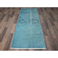 2'3"x6'2" Aqua Blue Overdyed Vintage Persian Tabriz Hand Knotted Wool Runner Rug