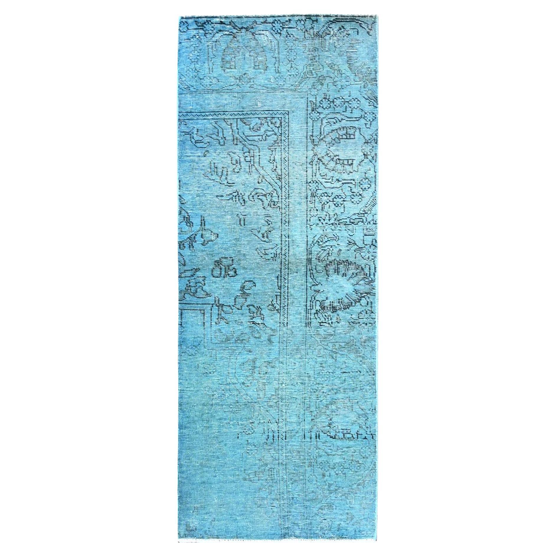 2'3 "x6'2" Aqua Blue Overdyed Vintage Persian Tabriz Hand Knots Rugs (Tapis de course en laine nouée à la main)