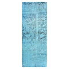 2'3"x6'2" Aqua Blue Overdyed Vintage Persian Tabriz Hand Knotted Wool Runner Rug