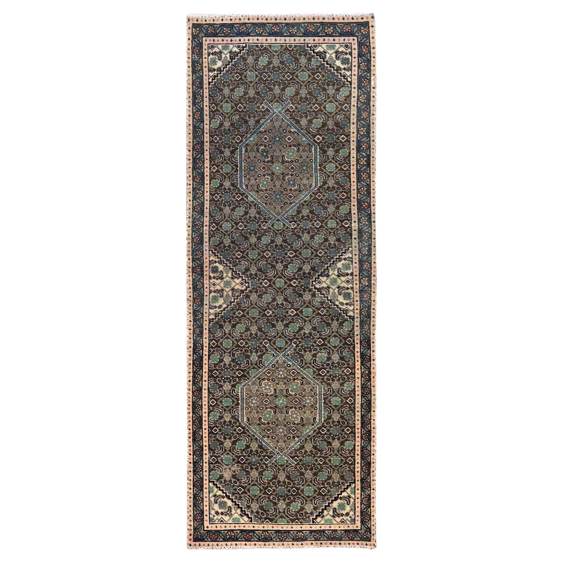 2
3"x6
4" Brown Vintage Persian Bijar Hand Knotted Pure Wool Runner Rug For Sale
