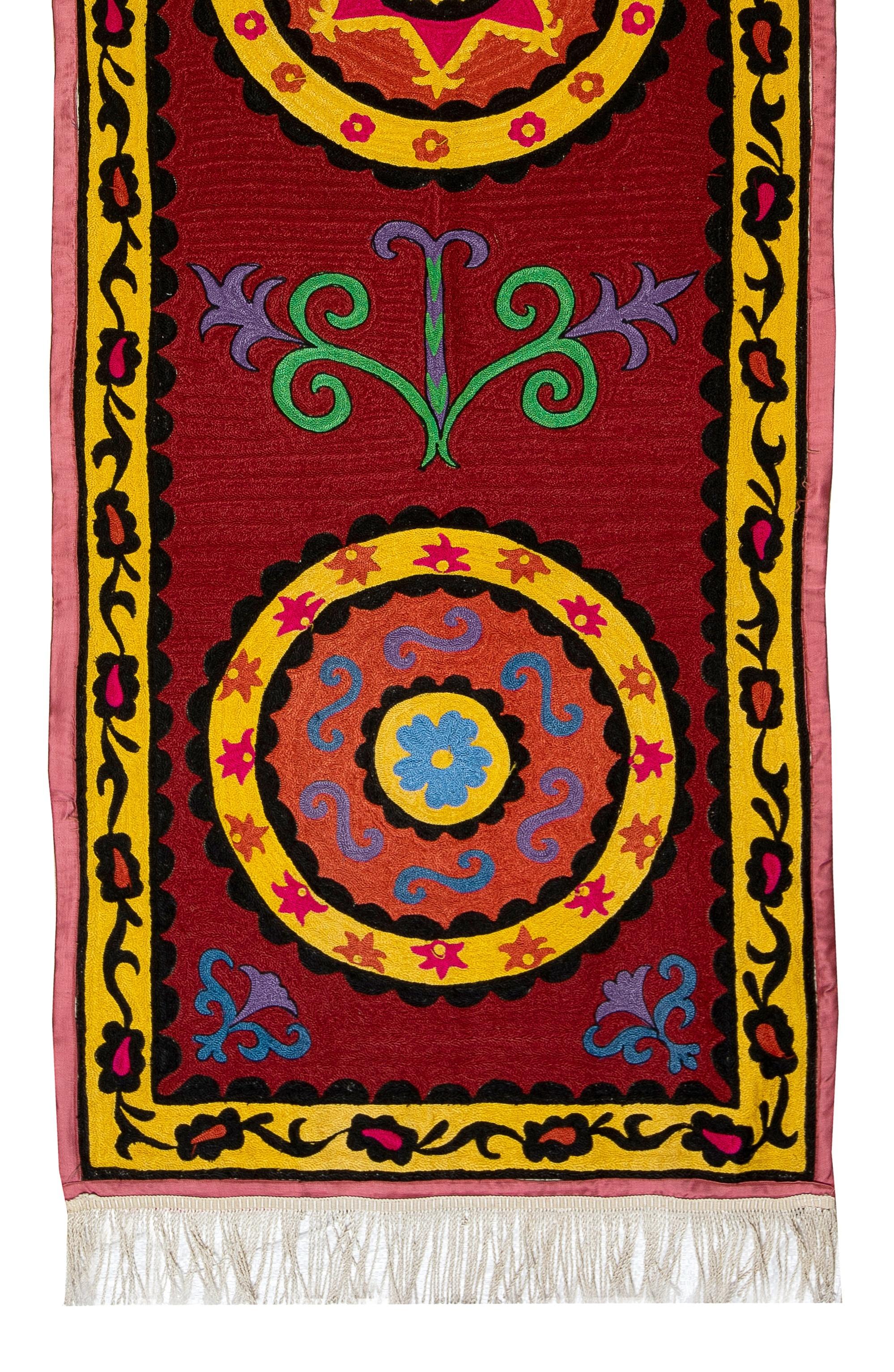 Hand-Woven 2.3x7.4 Ft Uzbek Suzani Wall Hanging, Handmade Silk Embroidery Table Runner For Sale