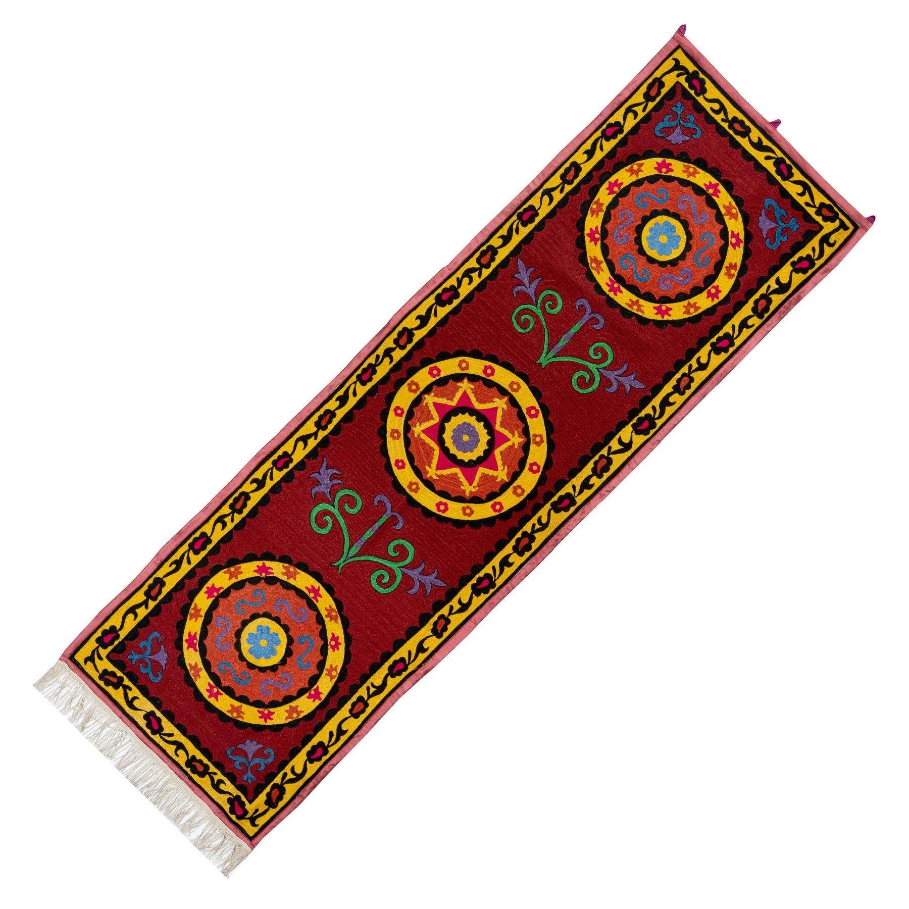 20th Century 2.3x7.4 Ft Uzbek Suzani Bedspread, Handmade Silk Embroidery Table Runner For Sale