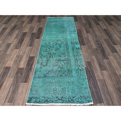 2'3"x7'5" Green Overdyed Vintage Persian Tabriz All Wool Hand Knotted Runner Rug