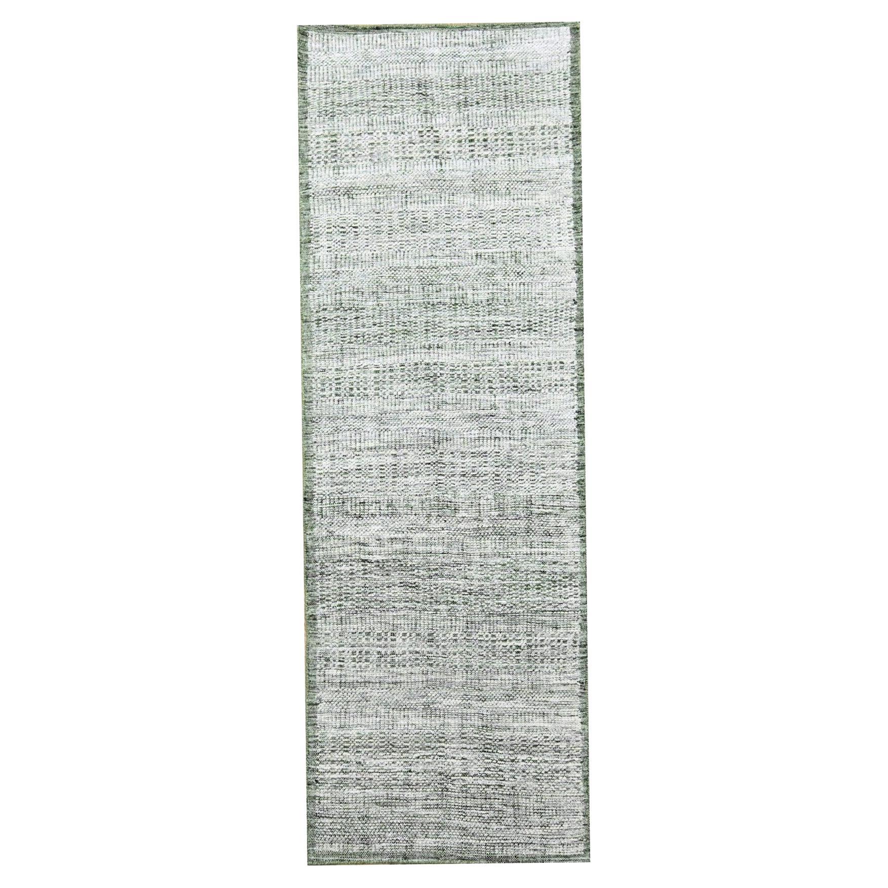 2'3"x8' White & Green Hand Knotted Oxidized Grass Design Pure Wool Runner Rug