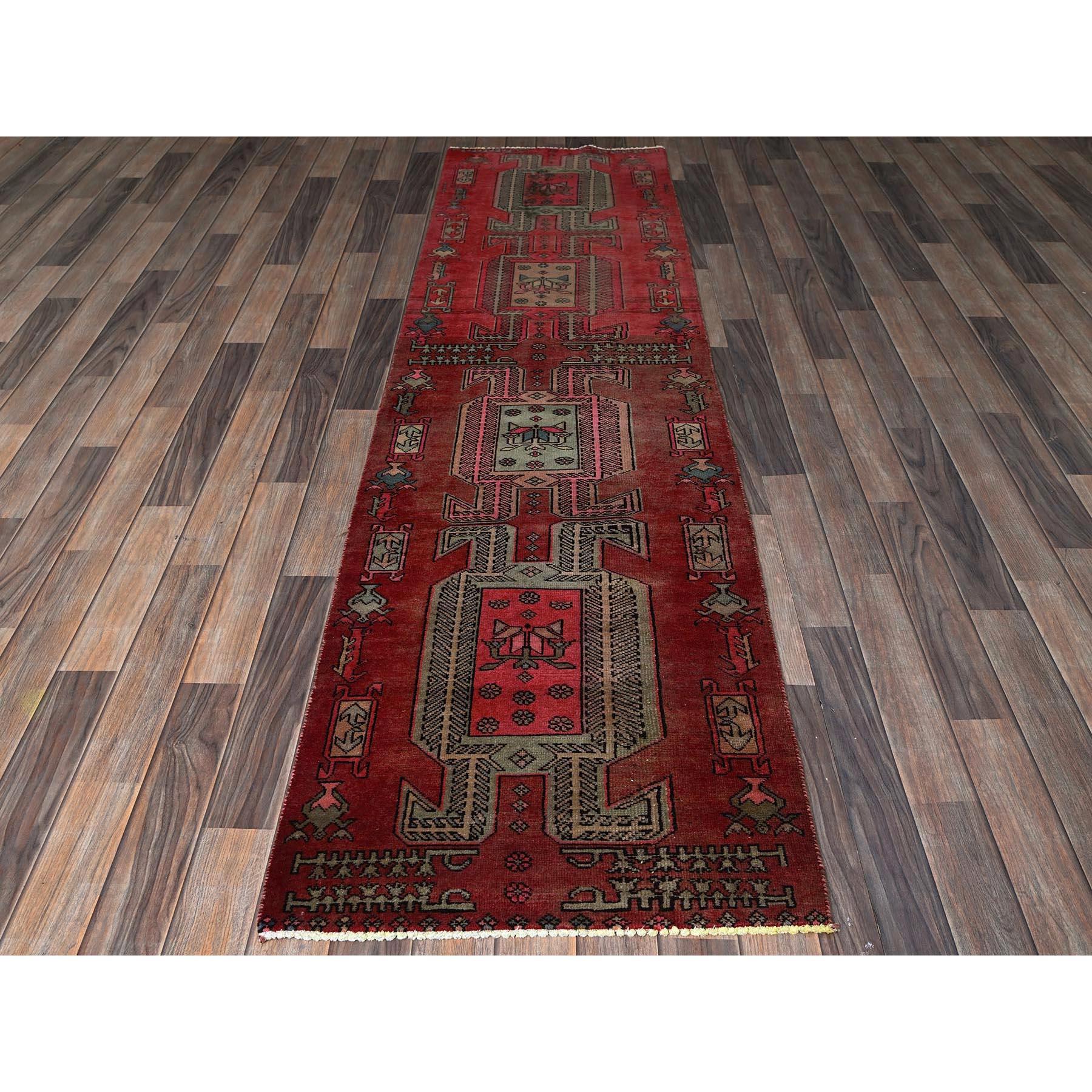Cherry Red, Vintage Persian Hamadan with Distinct Abrash, Cropped Thin, Zero Pile, Sides and Ends Professionally Secured, Even Wear, Hand Knotted, Pure Wool, Narrow Runner, Oriental Rug
Primary materials: Wool
Latex: No Pile 
height: 0.25