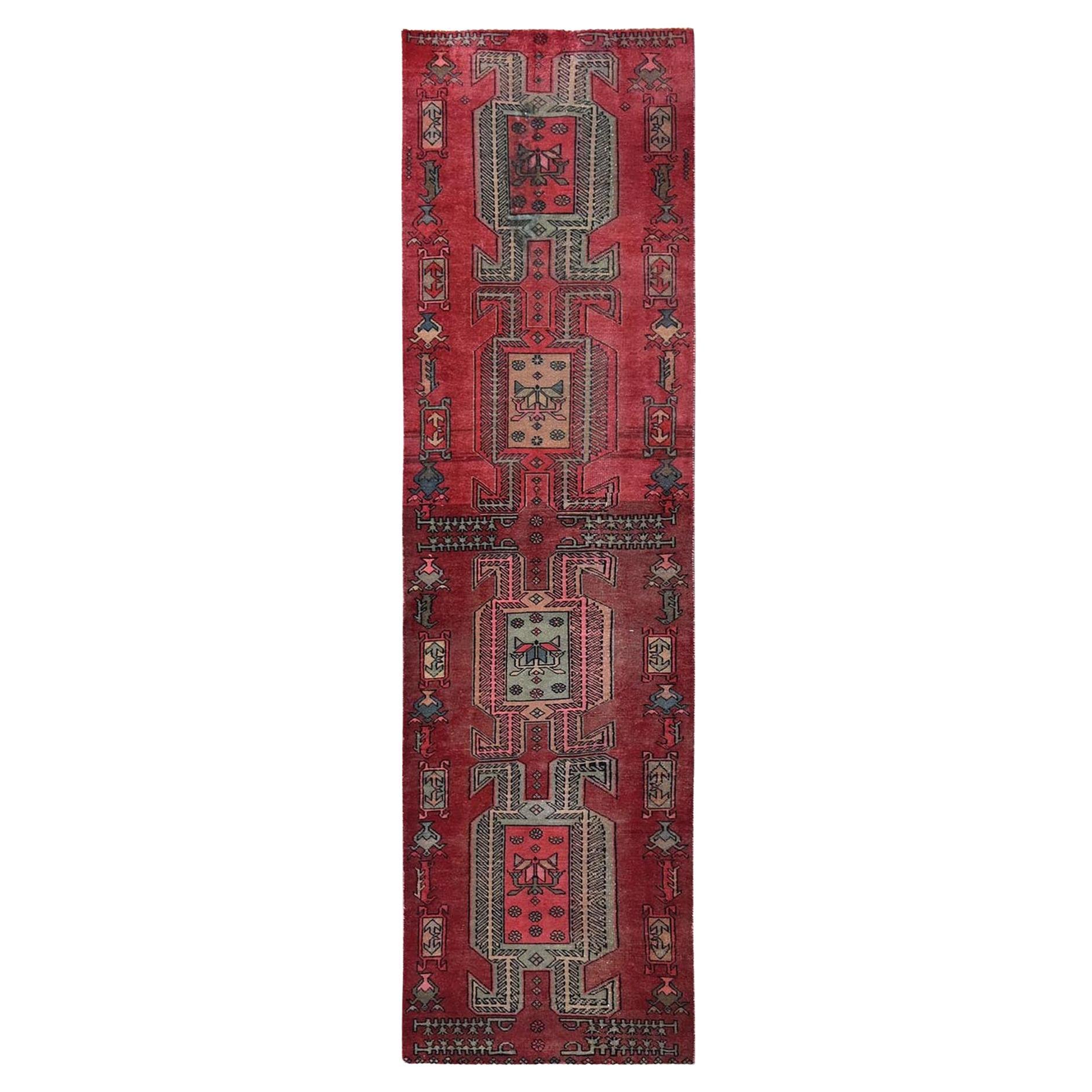 2'3"x8'5" Cherry Red Vintage Persian Hamadan Hand Knotted Pure Wool Runner Rug For Sale