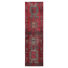 2'3"x8'5" Cherry Red Vintage Persian Hamadan Hand Knotted Pure Wool Runner Rug