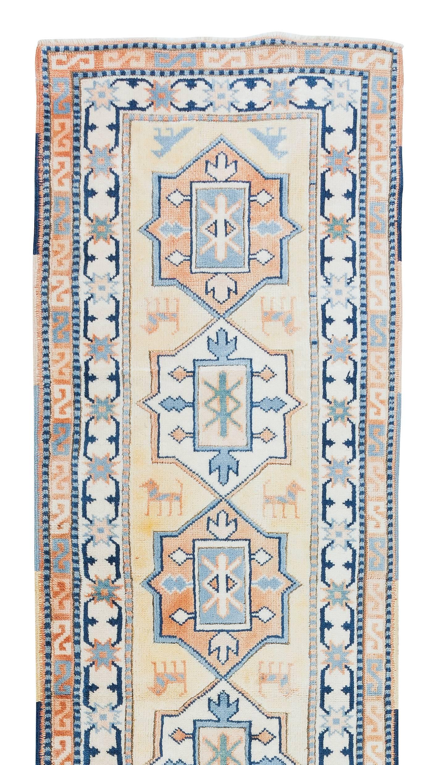 Turkish 2.3x9.2 Ft Narrow Vintage Handmade Anatolian Geometric Runner Rug for Hallway For Sale