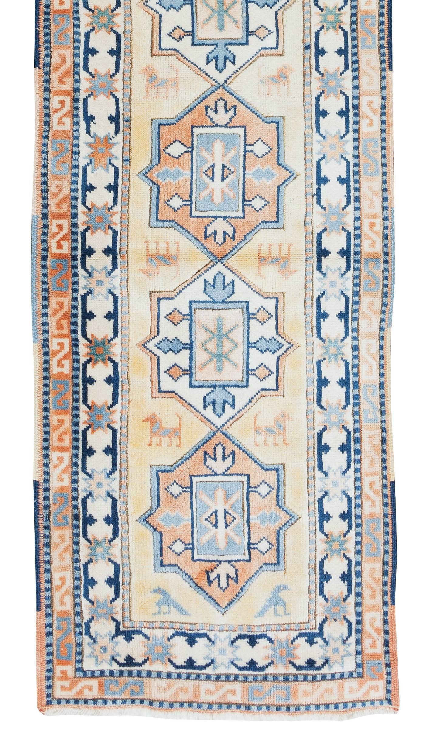 Hand-Knotted 2.3x9.2 Ft Narrow Vintage Handmade Anatolian Geometric Runner Rug for Hallway For Sale