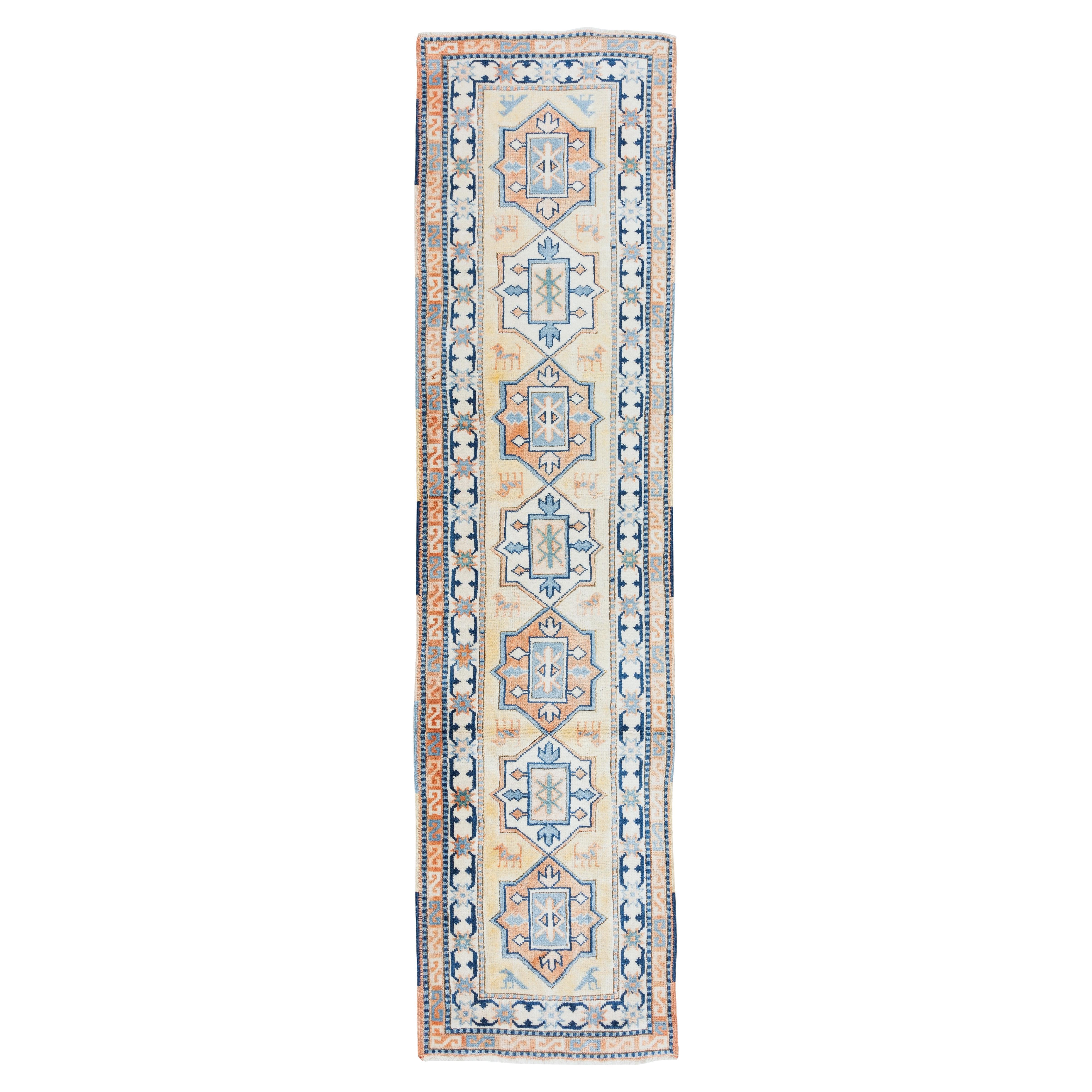 2.3x9.2 Ft Narrow Vintage Handmade Anatolian Geometric Runner Rug for Hallway For Sale