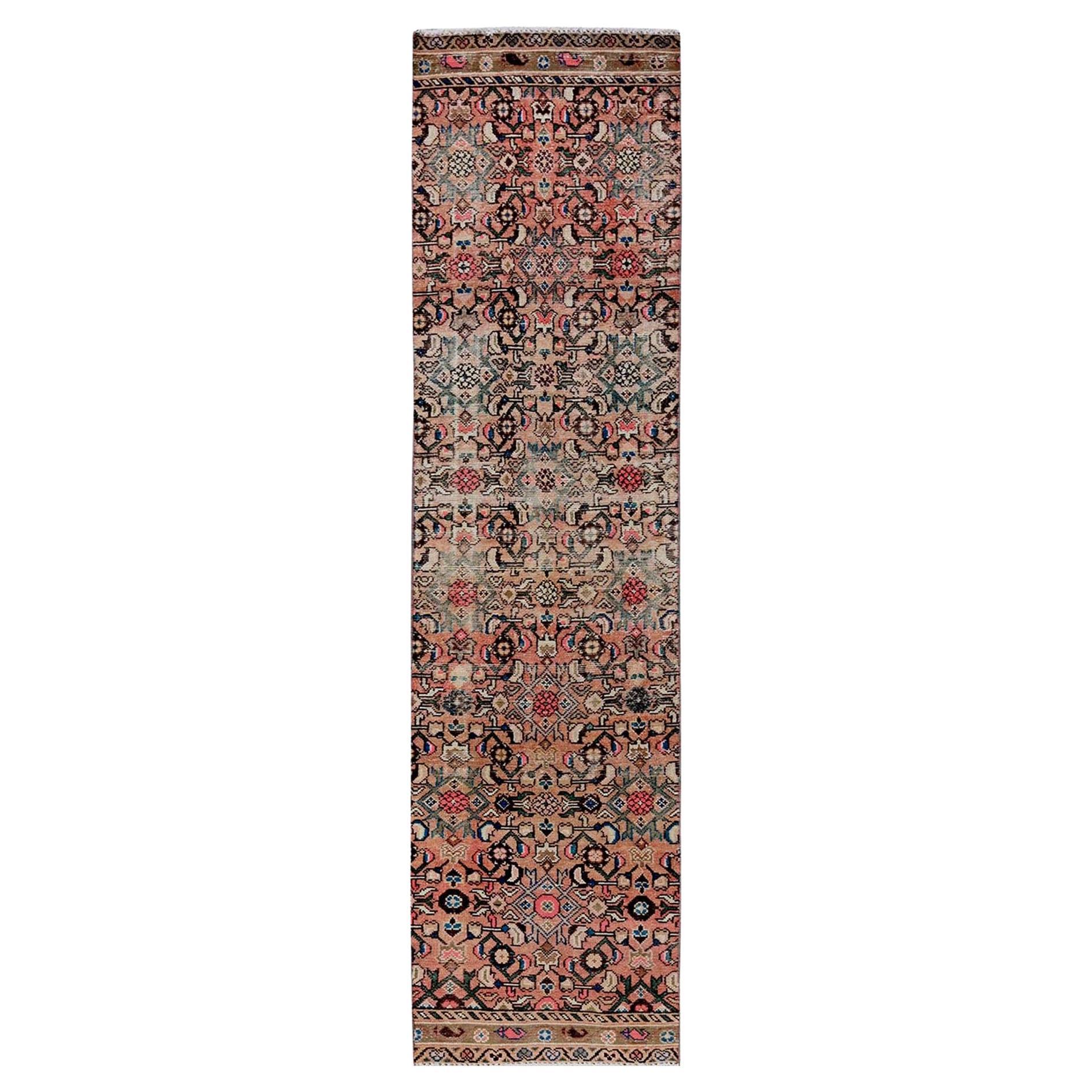 2'3"x9'2" Salmon Pink Vintage Persian Hamadan Hand Knotted Pure Wool Runner Rug