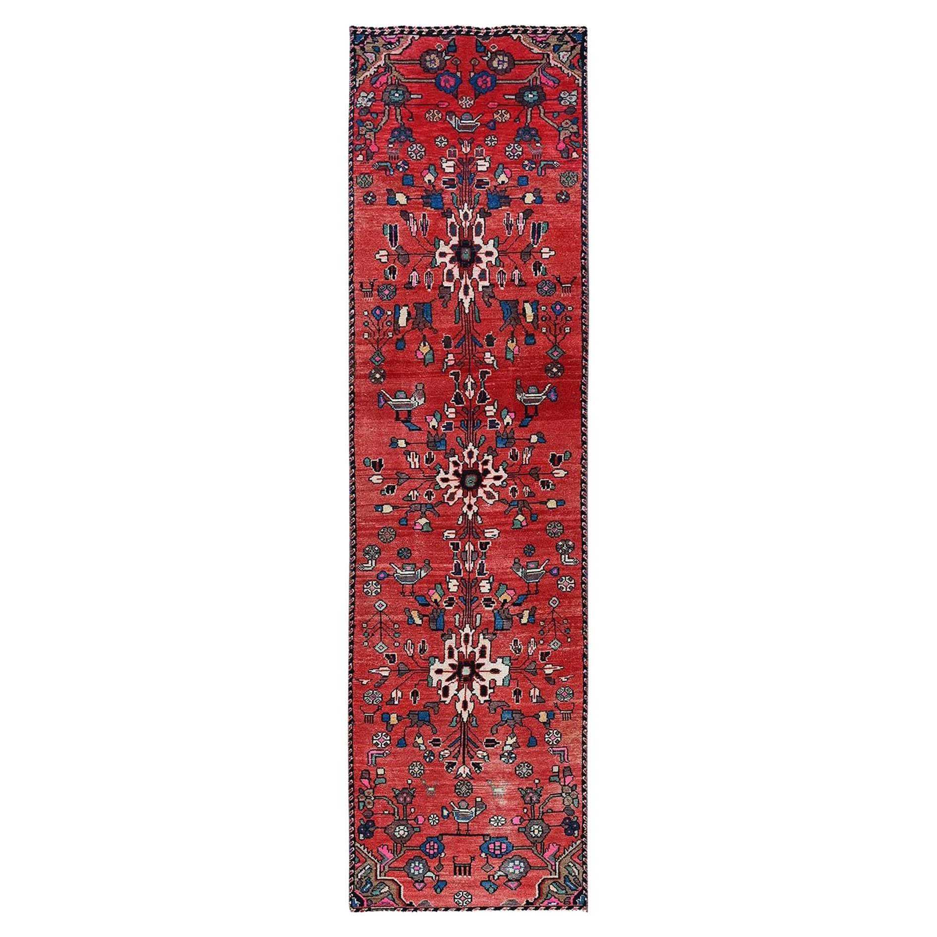 2'3"x9'6" Crimson Red Vintage Persischer Hamadan Handgeknüpfter Läufer aus reiner Wolle, Vintage