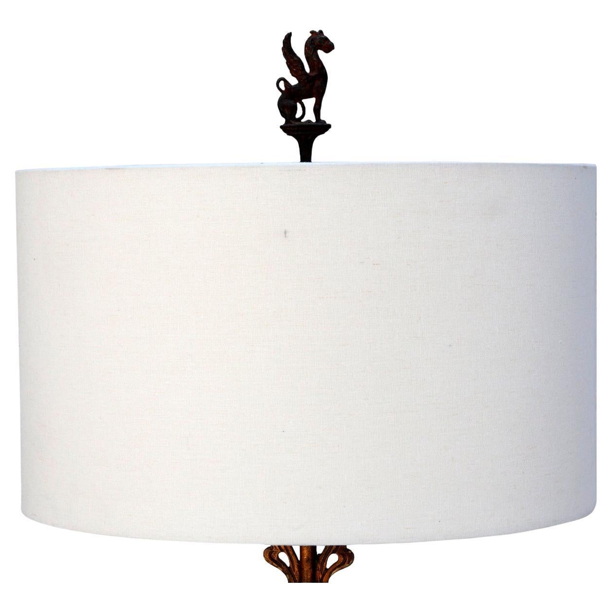 Lampada da terra Art Noveau in bronzo e ferro con paralume in lino In condizioni buone in vendita a Malibu, CA