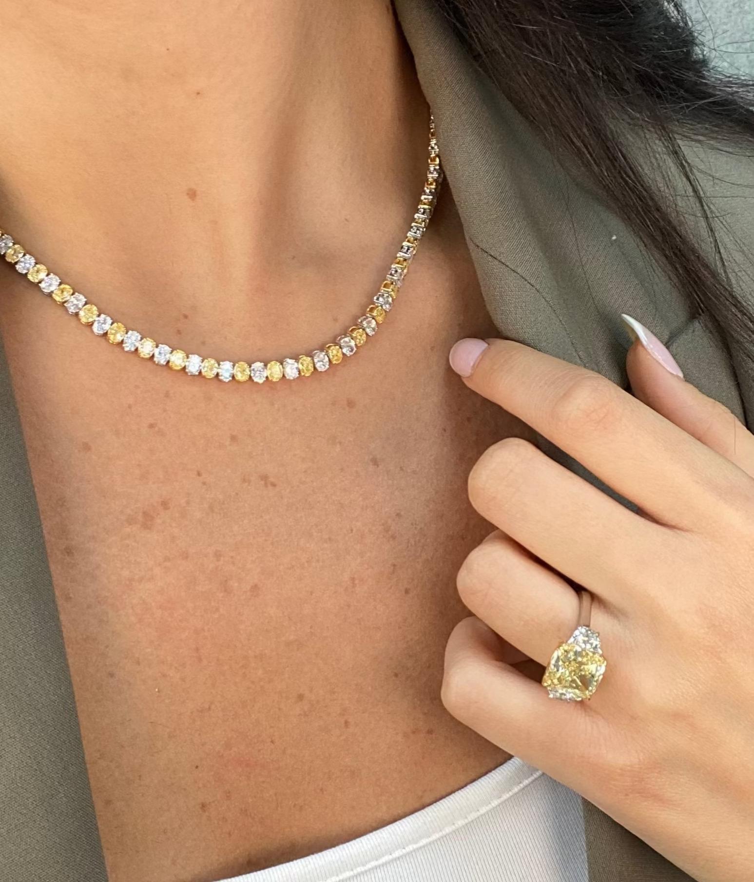 Questa collana da 24,05 carati presenta un motivo alternato senza soluzione di continuità di 120 diamanti a taglio ovale, bilanciando 11,99 carati di vibranti diamanti gialli con 12,06 carati di nitidi diamanti bianchi. Il contrasto tra le due