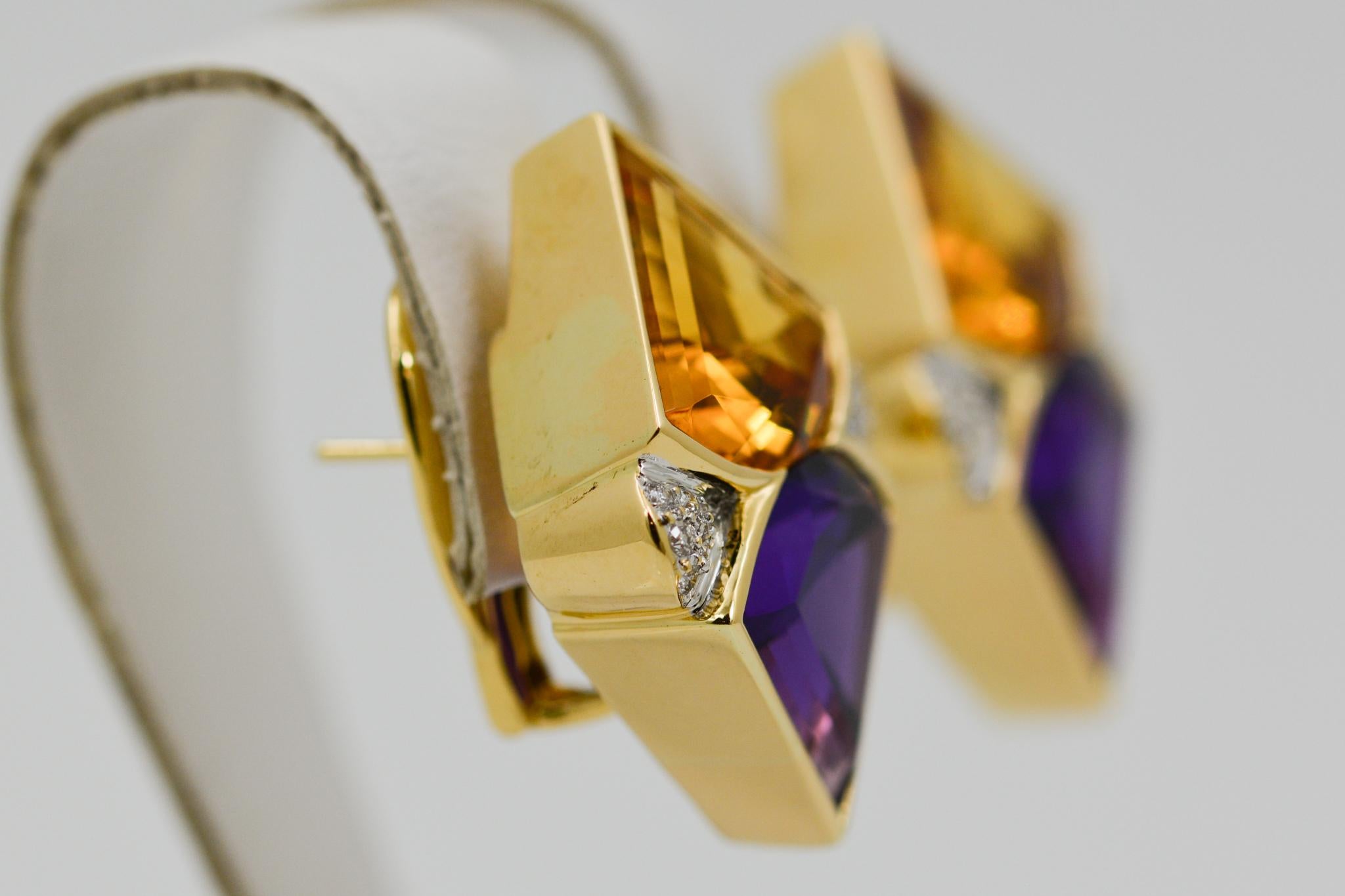 Round Cut 24 Carat Amethyst and Citrine 18 Karat Yellow Gold Diamond Earrings