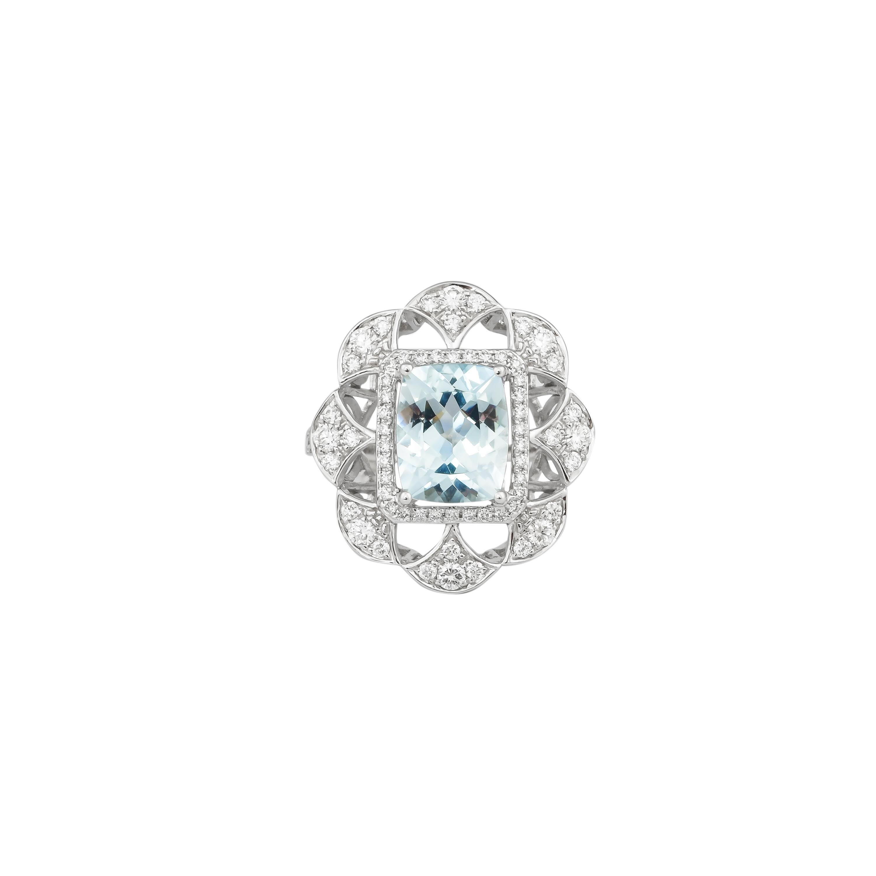 Cushion Cut 2.4 Carat Aquamarine and Diamond Ring in 18 Karat White Gold For Sale