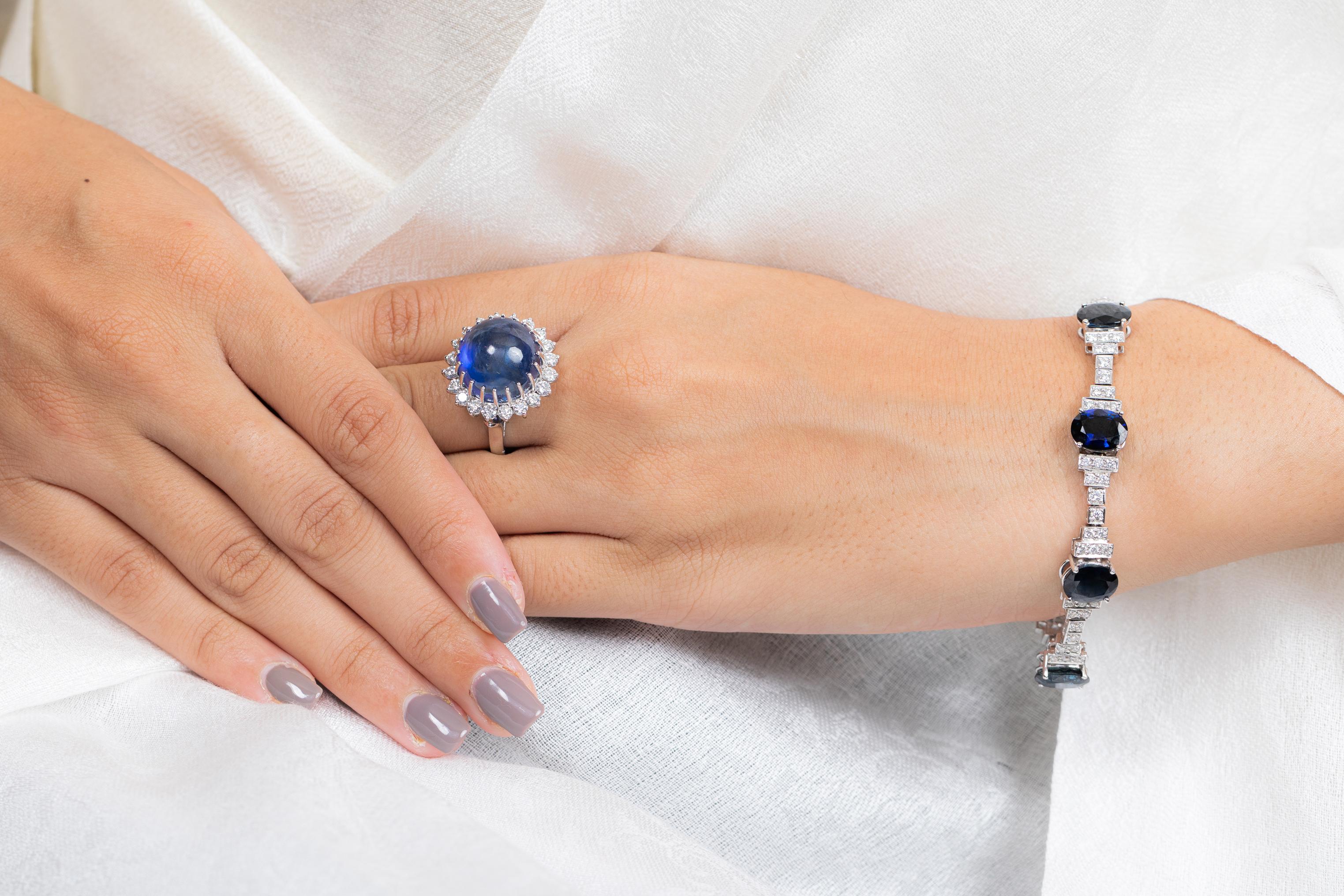 Bracelet tennis de mariage en or blanc 18 carats et saphir bleu 24 carats avec diamants en vente 6