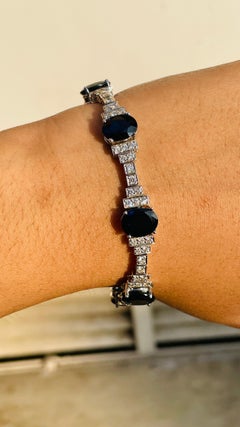 24 Carat Blue Sapphire Wedding Tennis Bracelet in 18K White Gold with Diamonds