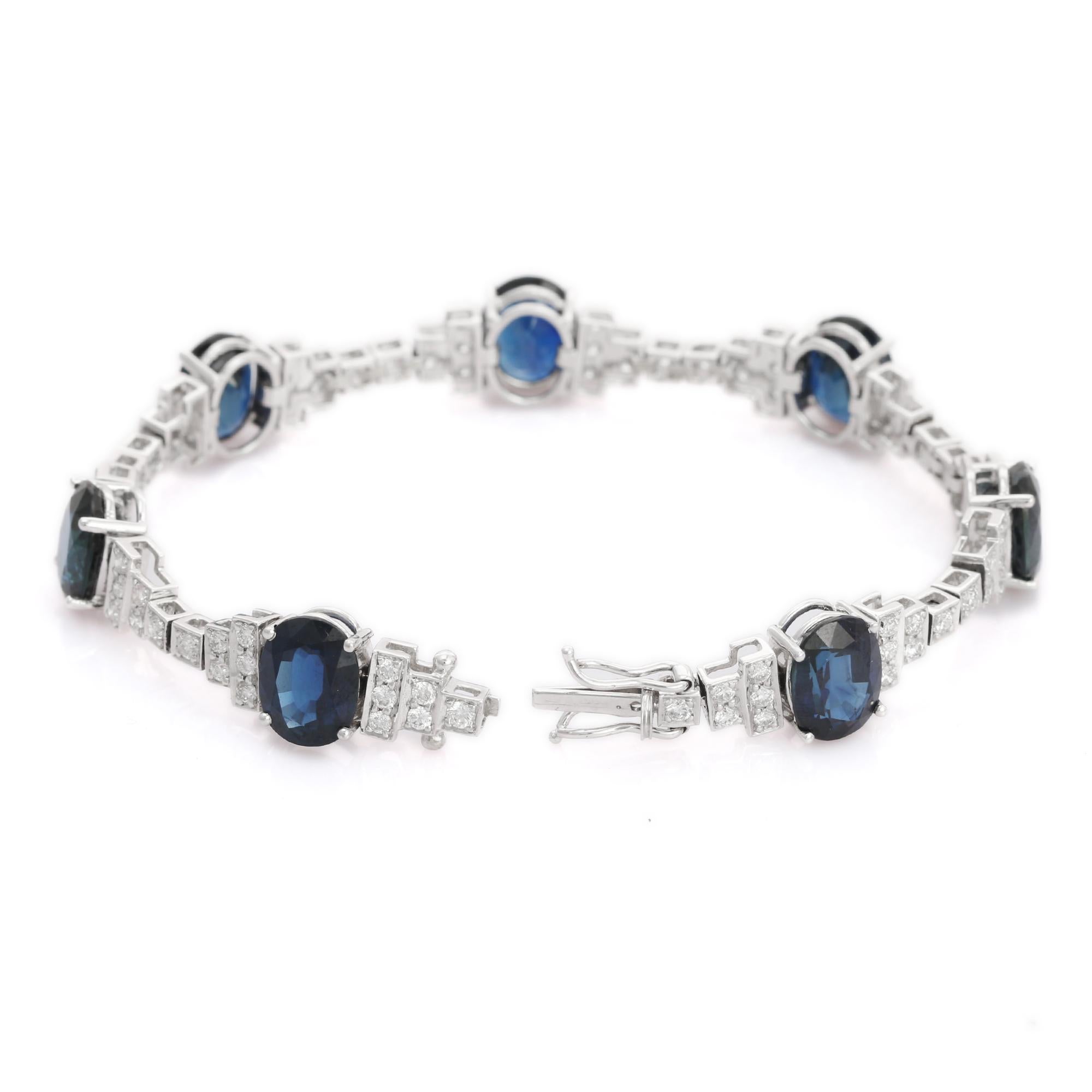 Taille ovale Bracelet tennis de mariage en or blanc 18 carats et saphir bleu 24 carats avec diamants en vente