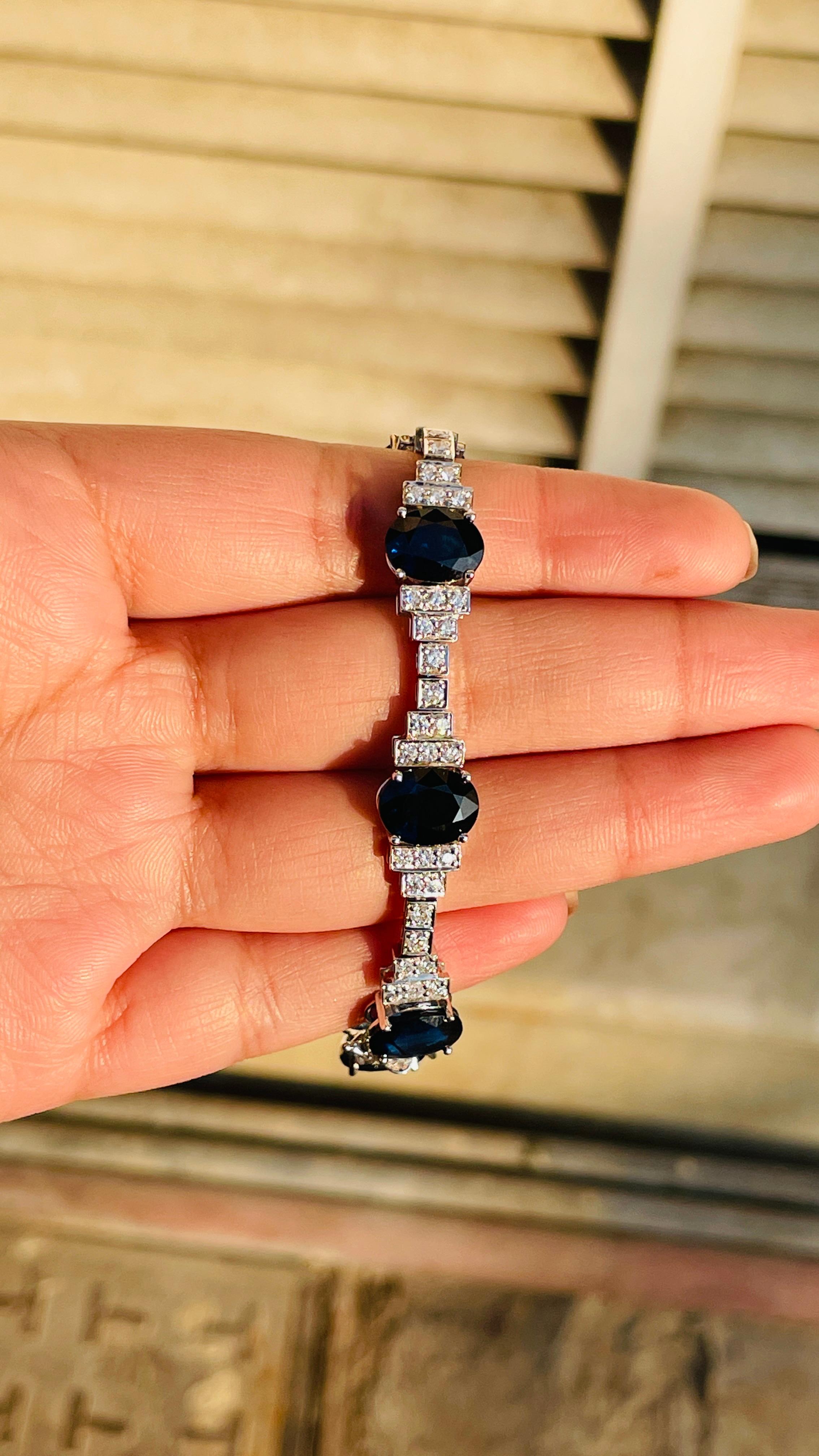 Anglo-Indian 24 Carat Blue Sapphire Wedding Tennis Bracelet in 18K White Gold with Diamonds For Sale