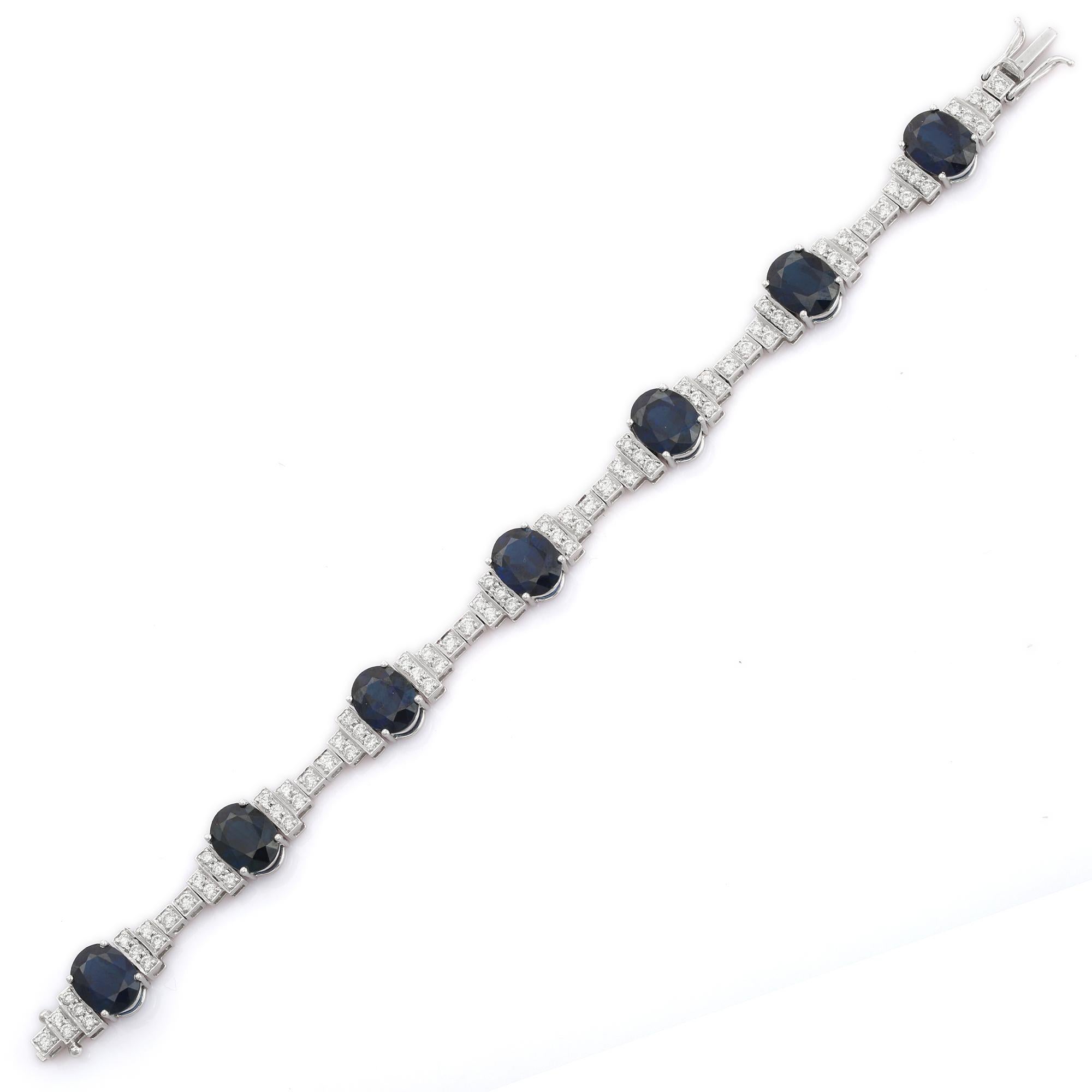 Oval Cut 24 Carat Blue Sapphire Wedding Tennis Bracelet in 18K White Gold with Diamonds For Sale
