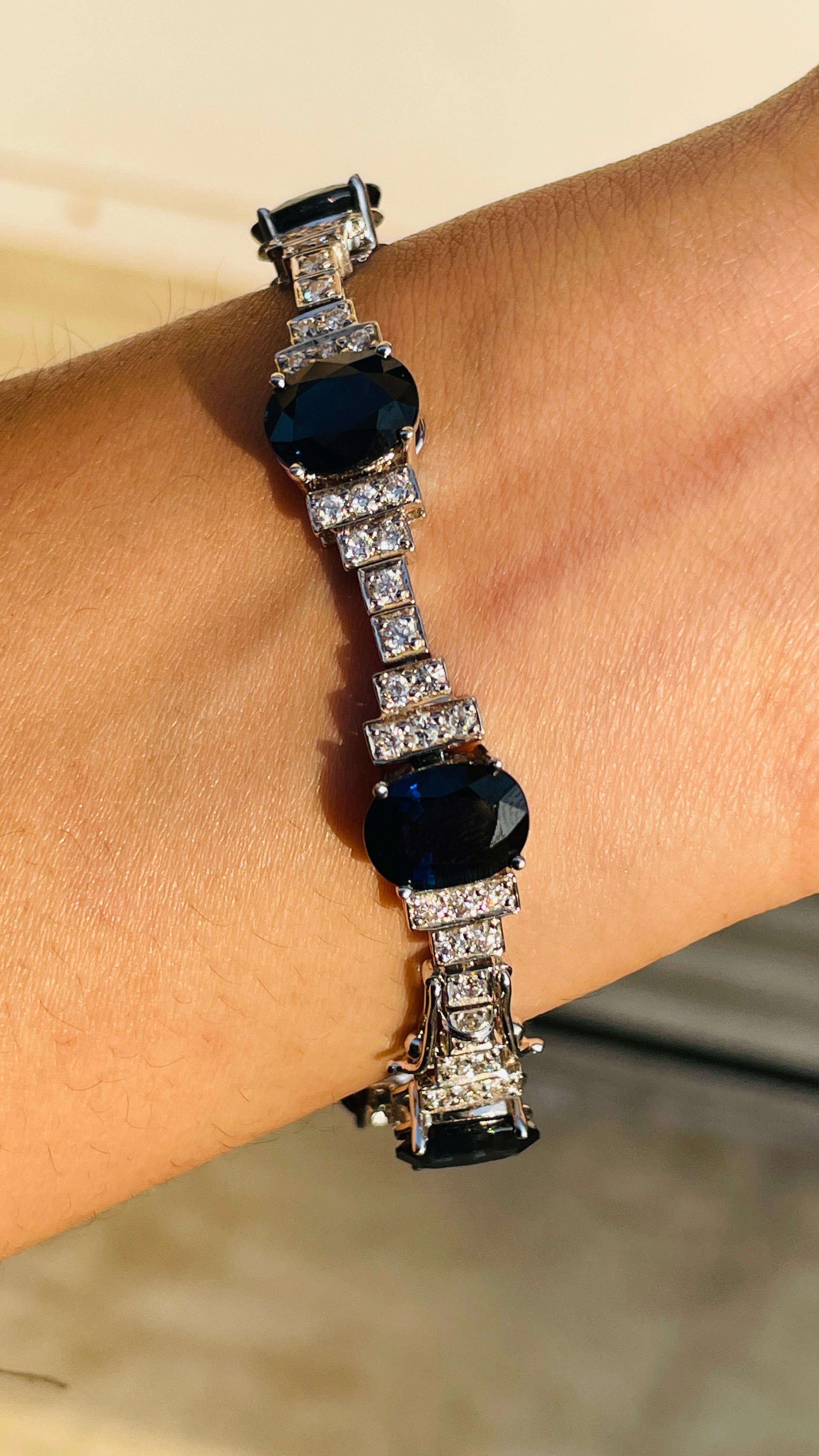 Women's 24 Carat Blue Sapphire Wedding Tennis Bracelet in 18K White Gold with Diamonds For Sale