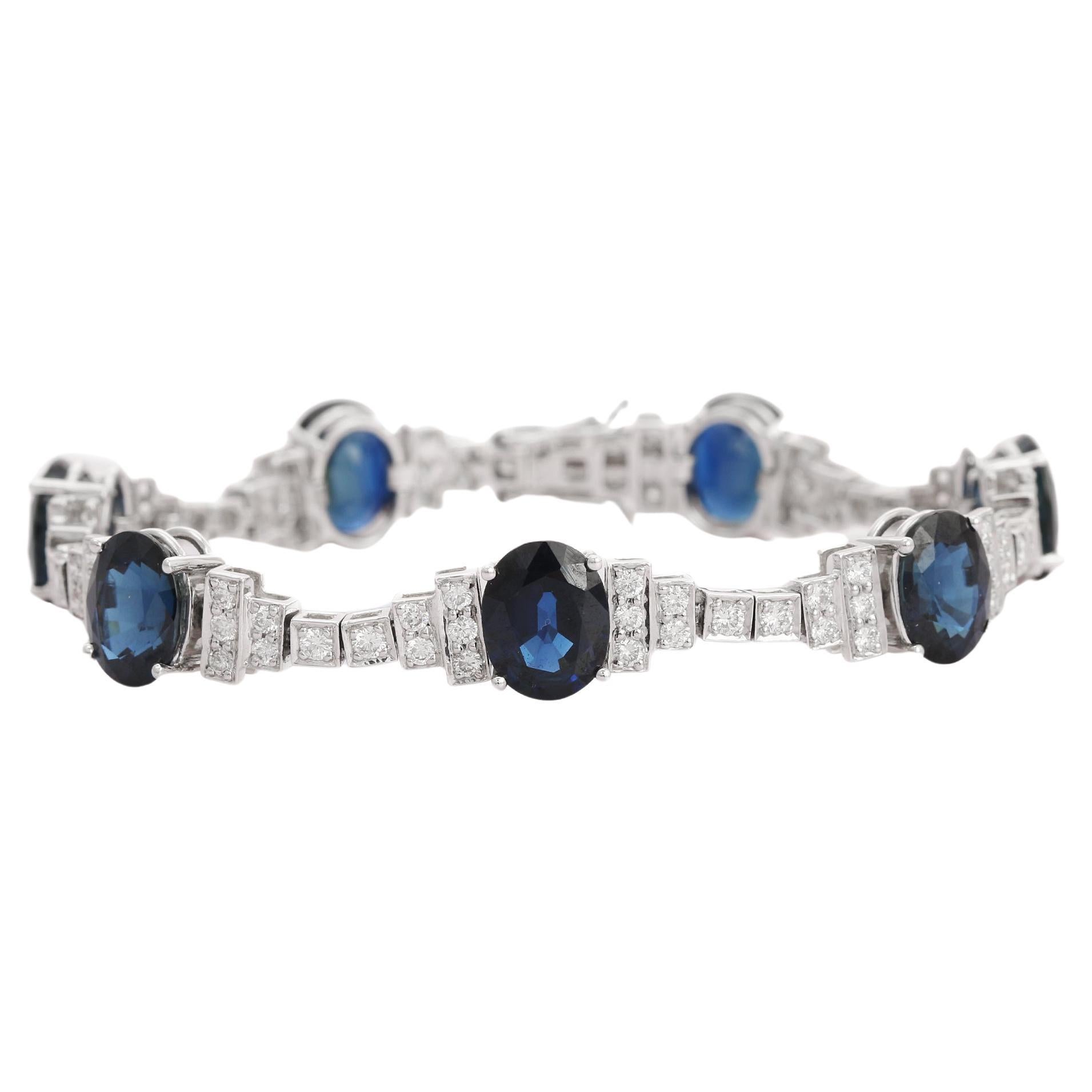Bracelet tennis de mariage en or blanc 18 carats et saphir bleu 24 carats avec diamants