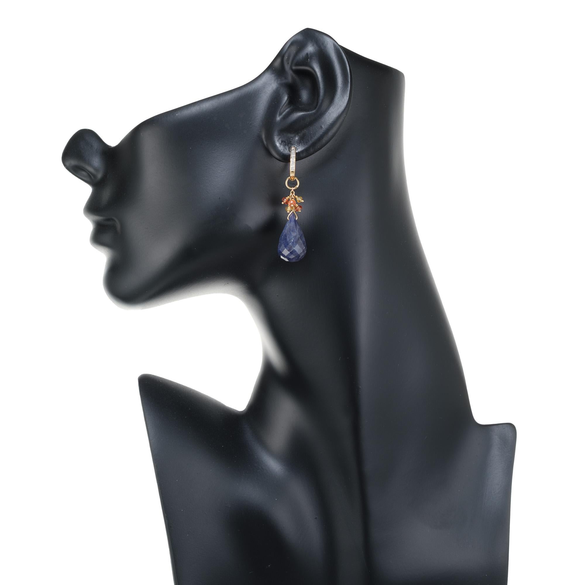 Women's 24 Carat Briolette Sapphire Diamond Yellow Gold Dangle Earrings For Sale
