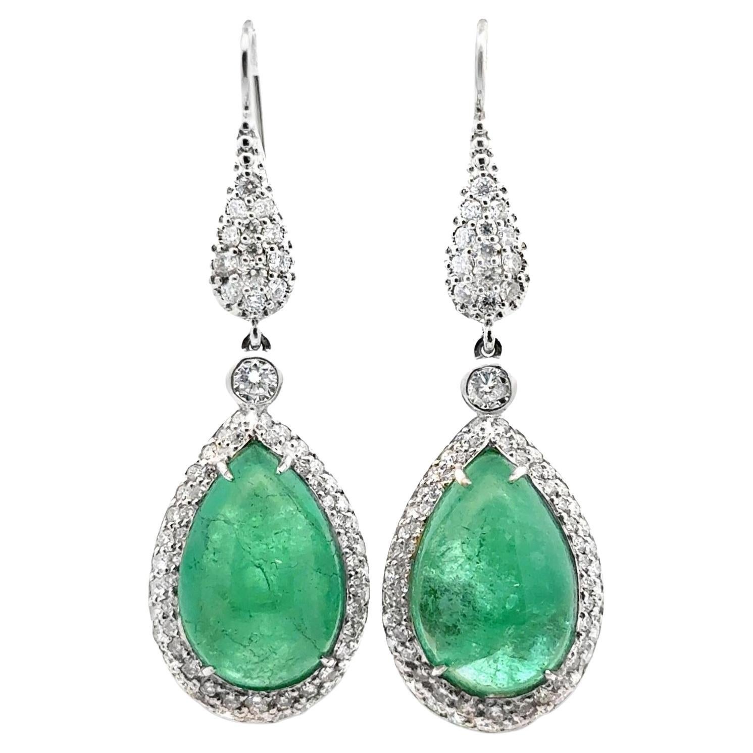24-Carat Cabochon Emerald Diamond 18 Karat Two Tone Gold Drop Dangle Earrings