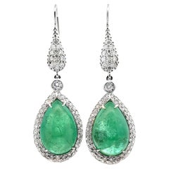 24-Carat Cabochon Emerald Diamond 18 Karat Two Tone Gold Drop Dangle Earrings