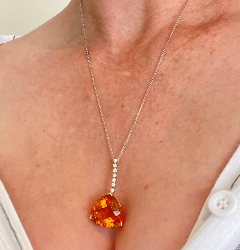 24 Carat, Checkerboard Trillion Cut Citrine and Diamond Drop Pendant