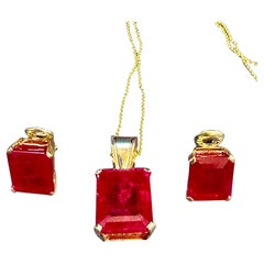 24 Carat Cushion Cut Treated Ruby Earring & Pendant Set 14 Kt Yellow Gold Chain
