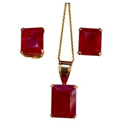 24 Carat Cushion Cut Treated Ruby Earring & Pendant Set 14 Kt Yellow Gold Chain
