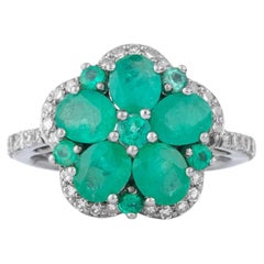 Anello contemporaneo con diamanti e smeraldi a forma di fiore, 2,4 carati, argento, India