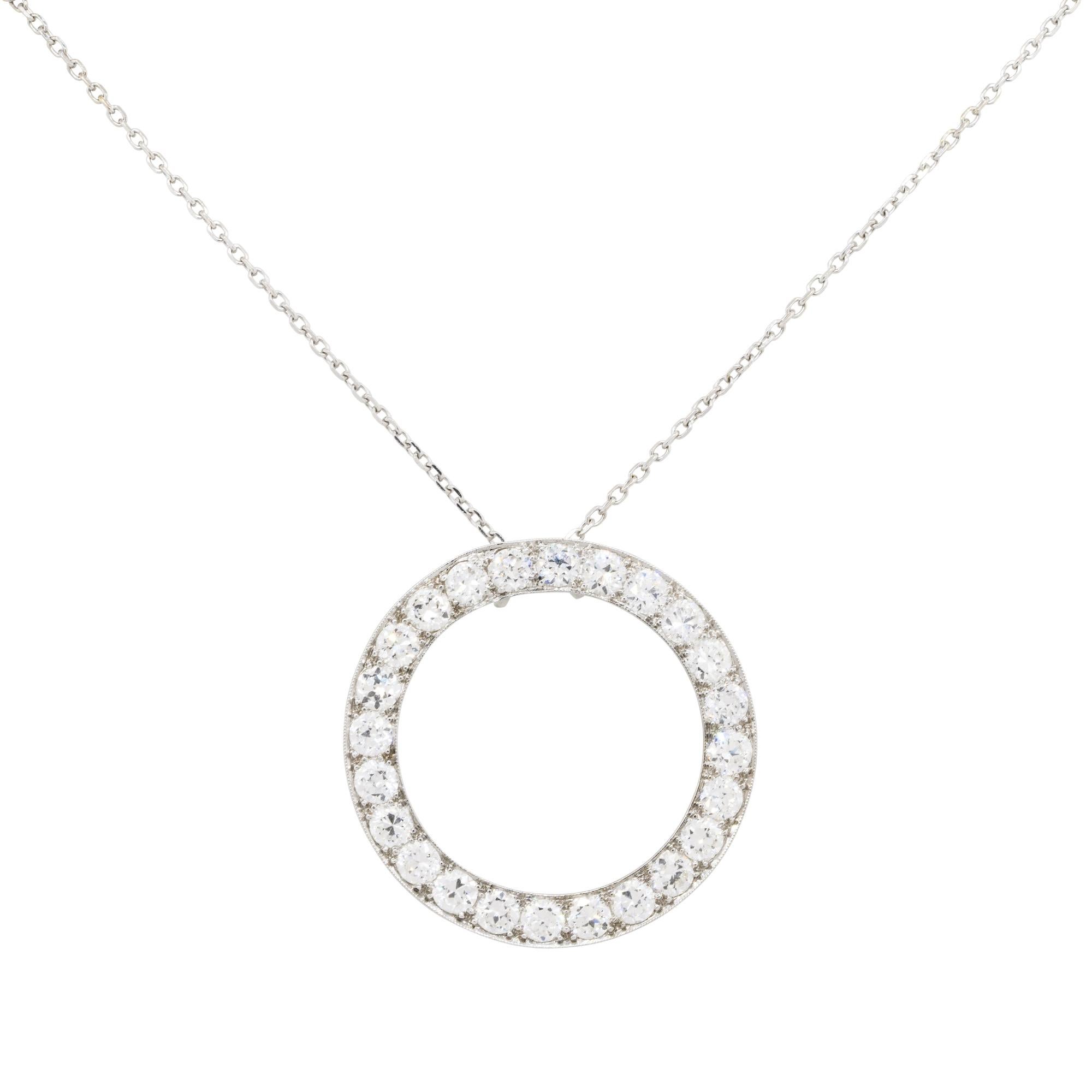 14k White Gold 2.4ctw Diamond Circle Pendant On Chain
Material: 14k White Gold
Diamond Details: Approximately 2.4ctw of Round Brilliant cut Diamonds. Diamonds are approximately G/H in color and VS in clarity
Clasps: Lobster Clasp
Total Weight: 6.2g