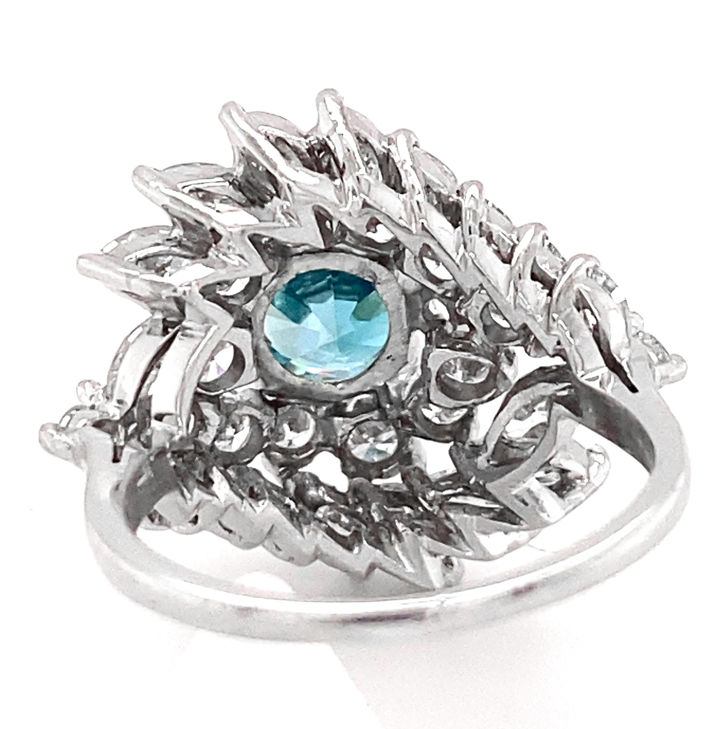 2.4 Carat Diamond Whirlpool Platinum Cocktail Ring with Blue Zircon, circa 1960 In Excellent Condition For Sale In Sherman Oaks, CA