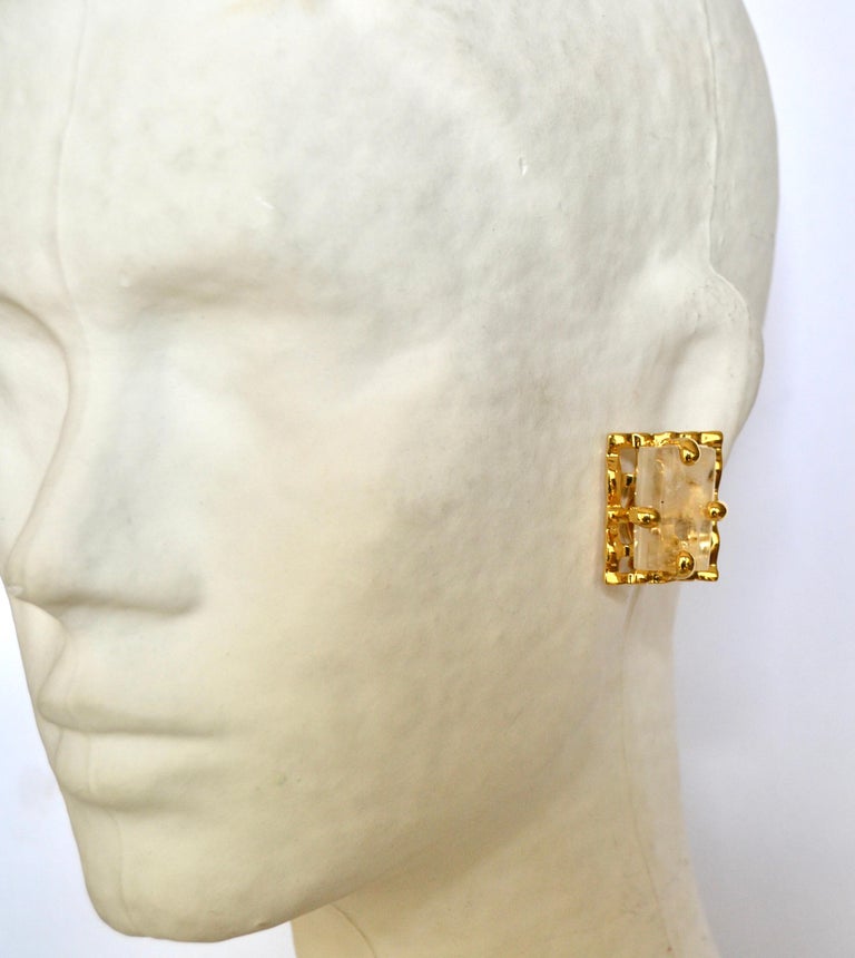 24-Carat Gilded Bronze and Rock Crystal Clip Earrings In New Condition For Sale In Virginia Beach, VA