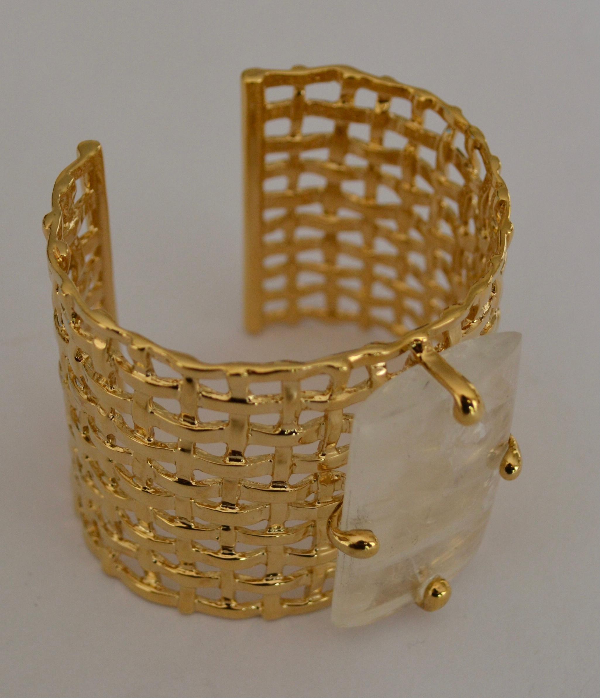 Modern 24-Carat Gilded Bronze and Rock Crystal Cuff