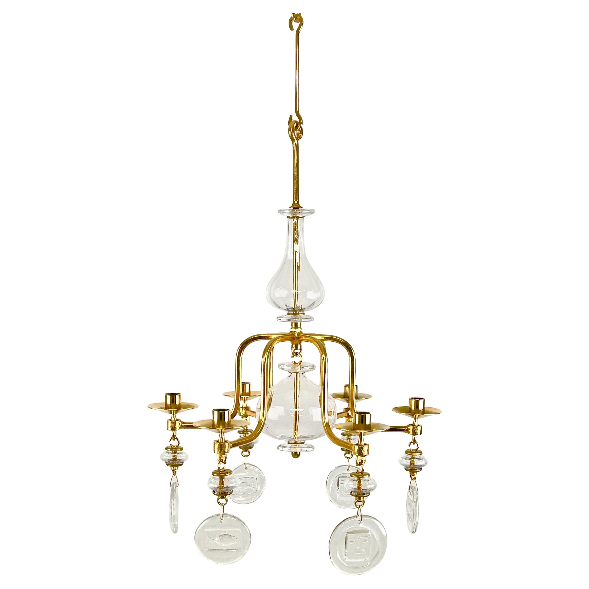 6-arm 24K gilt 1960s chandelier in iron and glass by Erik Höglund, Boda Glasbruk