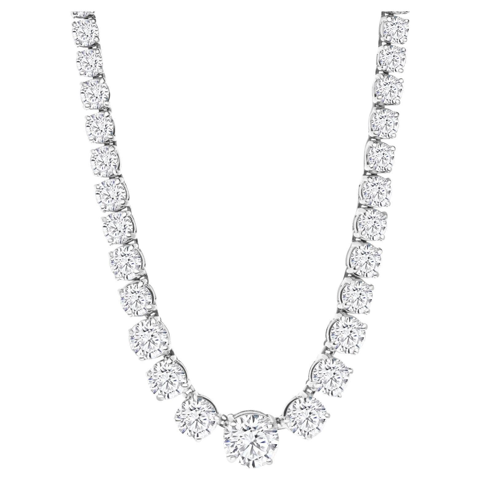 24 Carat Graduated Diamond Tennis Necklace in 18K White Gold, 4-Prong Setting For Sale