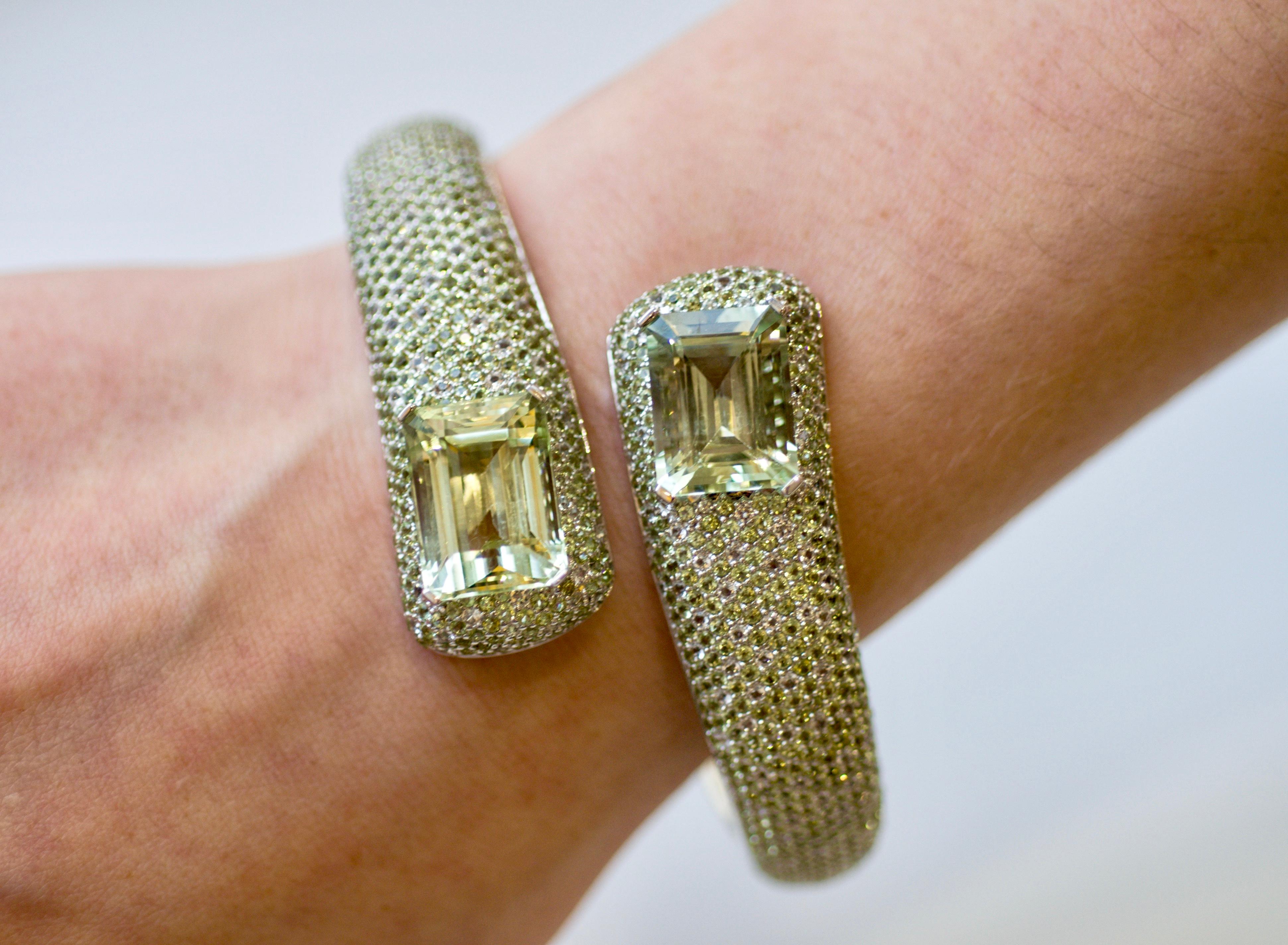Octagon Cut 24 Carat Green Amethyst Peridot White Topaz 14 Karat White Gold Cuff Bracelet For Sale