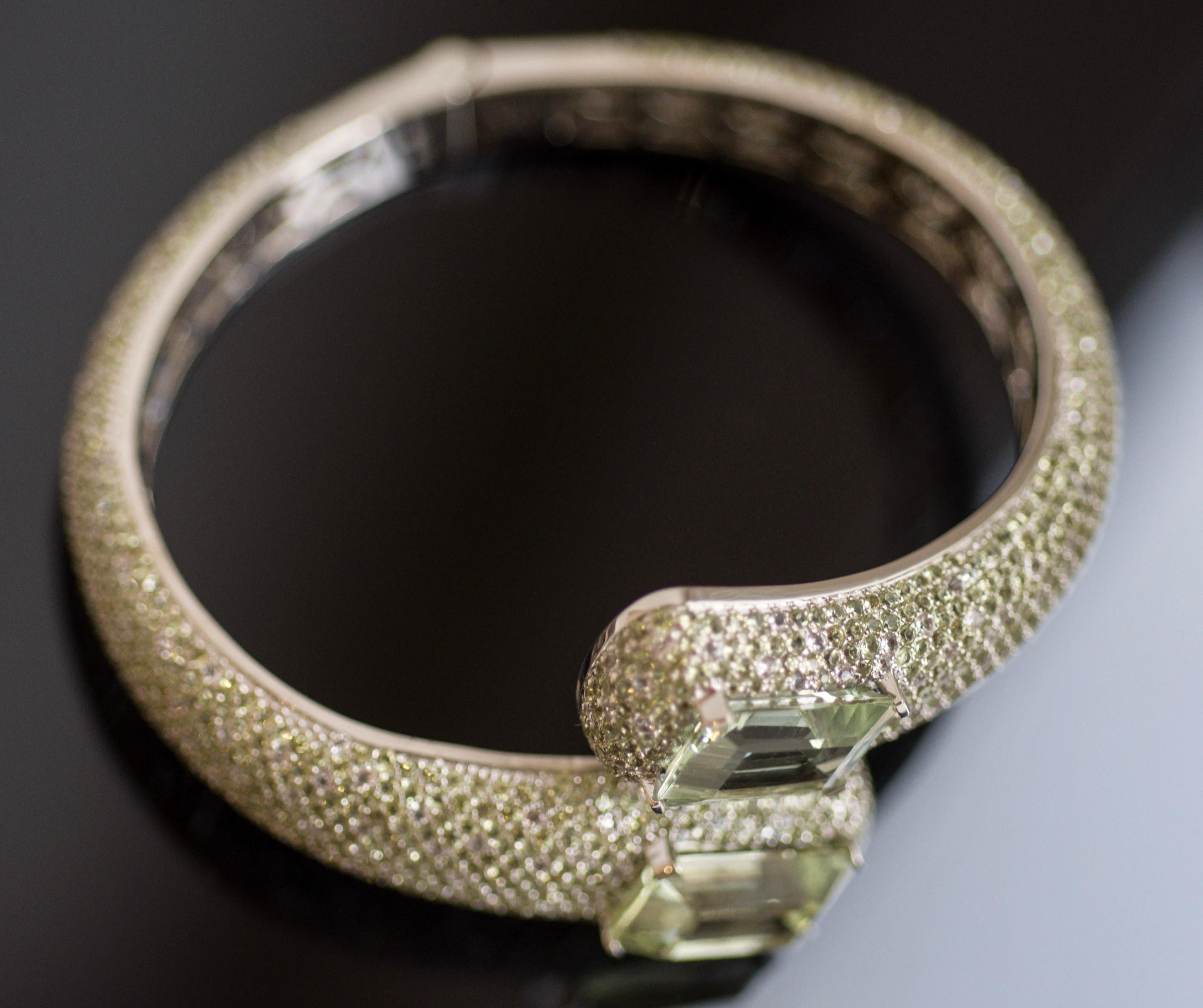 Women's 24 Carat Green Amethyst Peridot White Topaz 14 Karat White Gold Cuff Bracelet For Sale