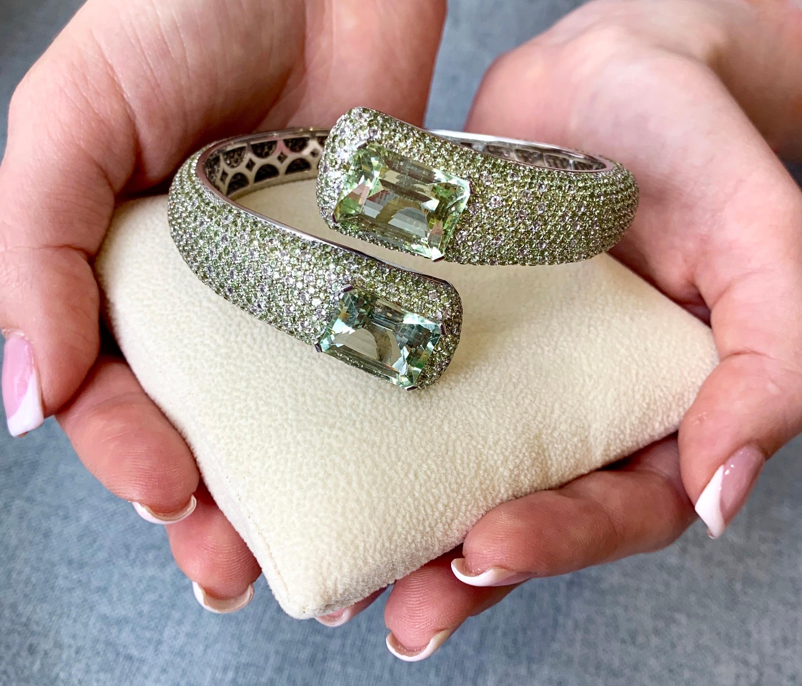 24 Carat Green Amethyst Peridot White Topaz 14 Karat White Gold Cuff Bracelet For Sale 1