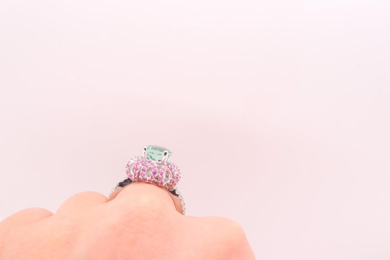 Round Cut 2.4 Carat Green Tourmaline Pink Sapphire and Diamond Ring For Sale
