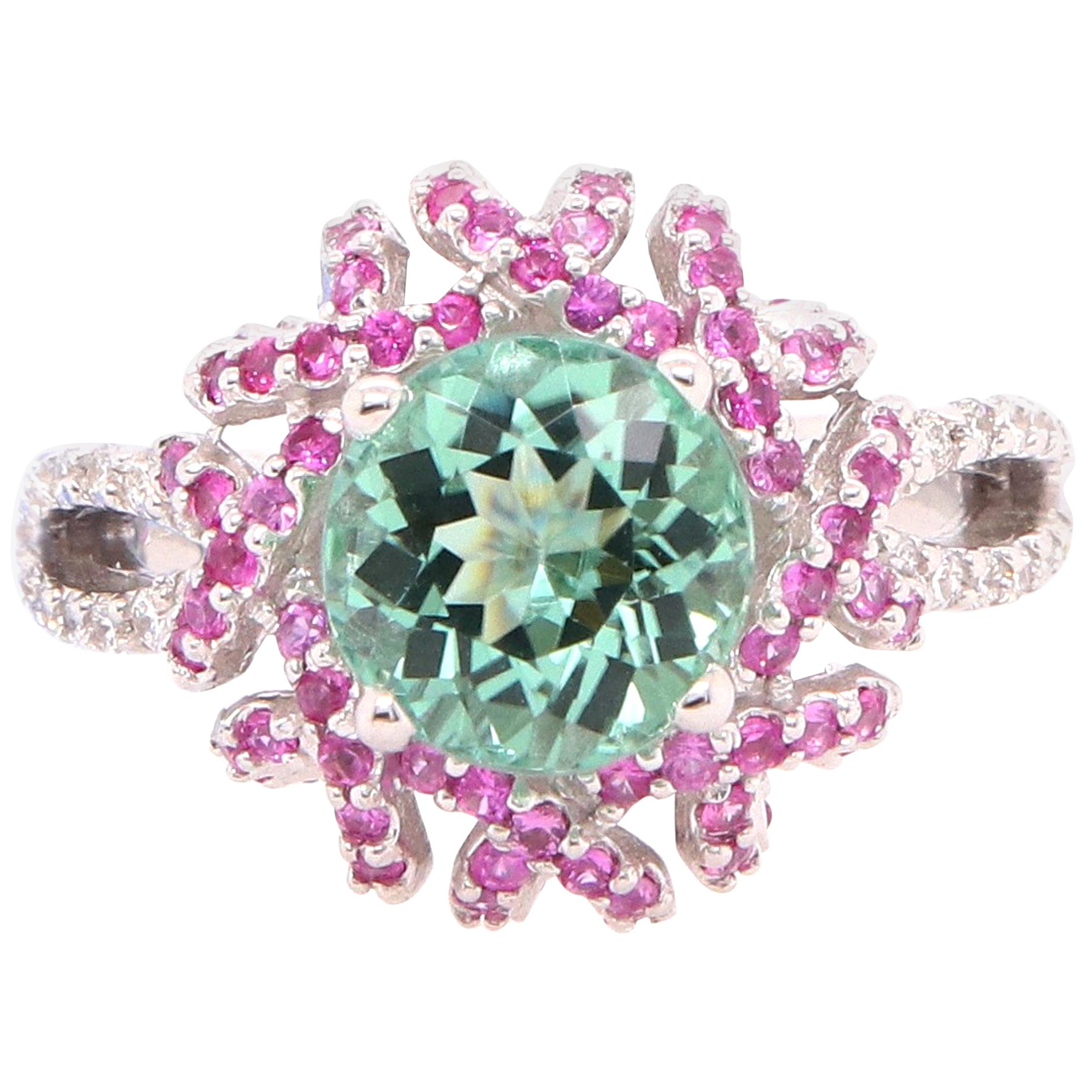 2.4 Carat Green Tourmaline Pink Sapphire and Diamond Ring For Sale