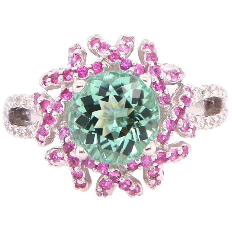 2.4 Carat Green Tourmaline Pink Sapphire and Diamond Ring For Sale