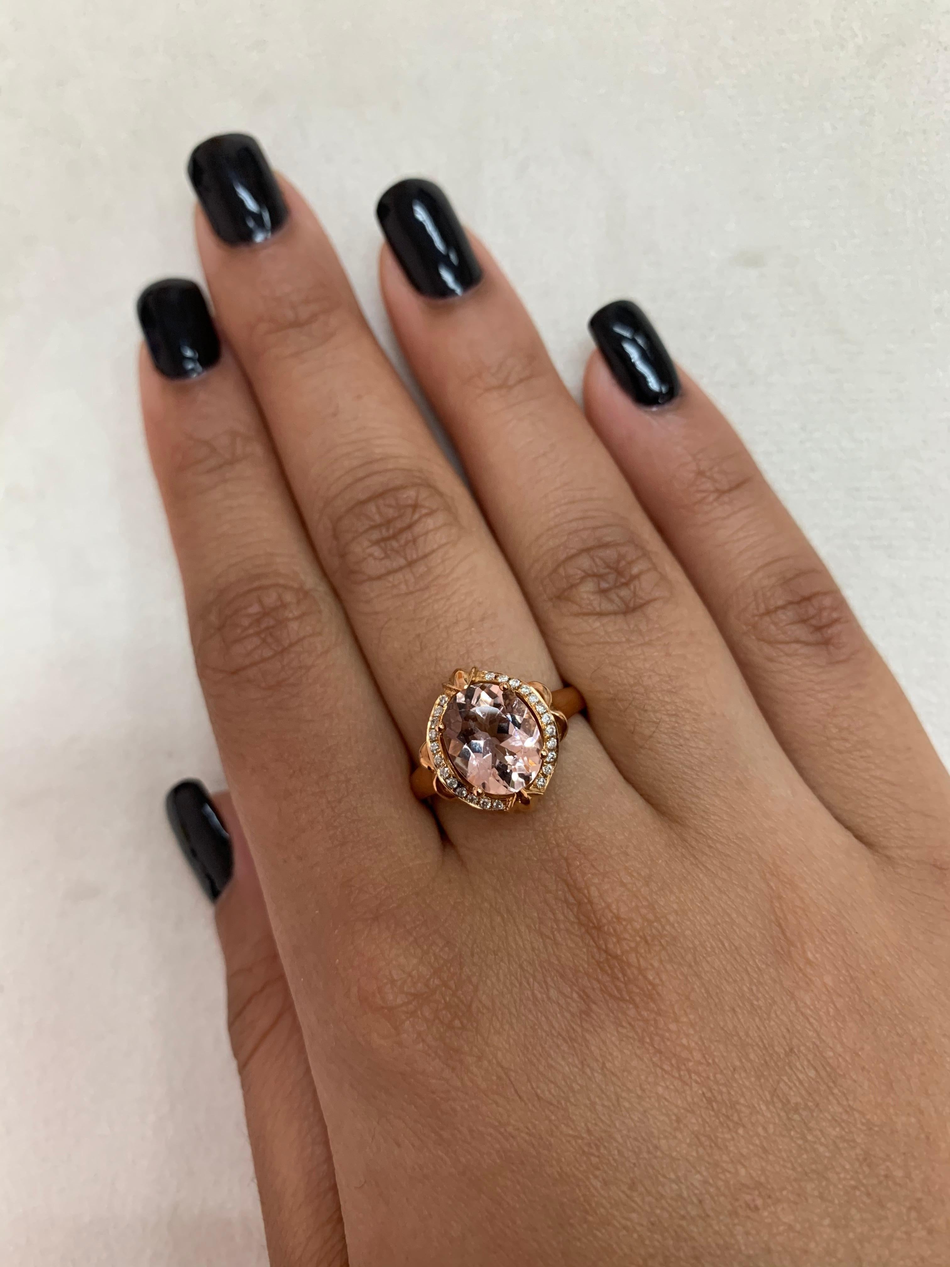 This collection features an array of magnificent morganites! Accented with diamonds these rings are made in rose gold and present a classic yet elegant look. 

Classic morganite ring in 18K rose gold with diamonds. 

Morganite: 2.4 carat oval